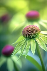 Poster - Vibrant Echinacea Flower with Bright Pink Cone and Green Petals in Soft Focus Nature Background for Gardening and Floral Beauty Themes