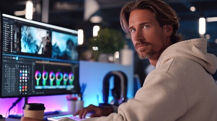 Poster - Professional Male Video Editor Working on Color Grading and Editing Footage on Multiple Monitors in a Modern Creative Office Space