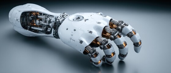 Poster - Advanced robotic hand with exposed mechanical and electronic components showcasing intricate design and modern technology features