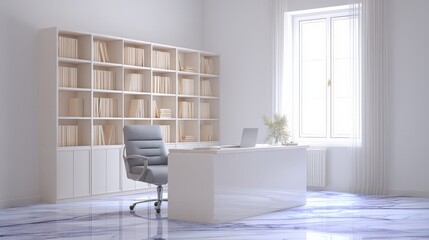 Aufkleber - Modern minimalistic home office with large window white walls elegant desk sleek chair and empty bookshelves for workspace design