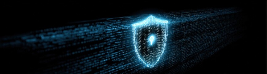 Poster - Futuristic digital shield hologram with glowing blue hexagon and data streams representing cybersecurity technology for digital protection