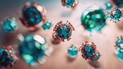 Aufkleber - Highly detailed macro image of colorful virus particles with complex surface structures floating in a neutral background, representing biological infection or virus spread