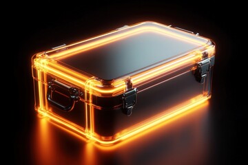 Aufkleber - Futuristic glowing black traveling chest with neon orange lights and metallic hardware illuminated in a dark background for advanced transportation security concept