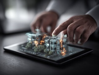 Poster - Future Smart City Technology Concept with Augmented Reality Infrastructure Display on a Digital Tablet Showing Urban Development and Digitalization