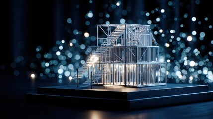 Poster - Modern artistic stage installation with illuminated metal structure and vibrant bokeh background for event decor and visual display