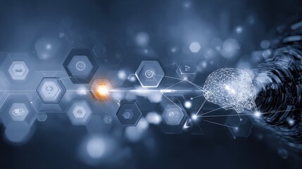 Poster - Advanced digital technology concept with glowing hexagons and neural network graphics in a futuristic dark blue setting for innovation and artificial ligence