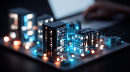 Poster - Modern 3D model of futuristic smart city with tall illuminated buildings and advanced digital technology on a tablet screen
