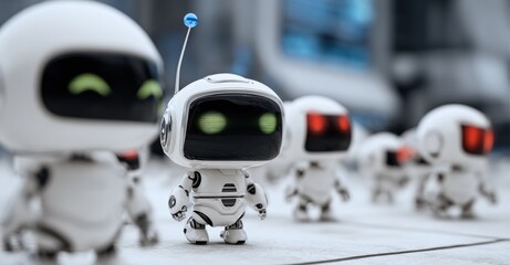 Poster - Group of small cute white futuristic robots with green eyes standing on city street du daytime, technological autonomous machine characters