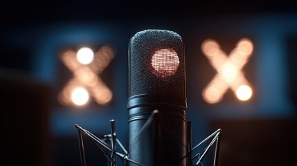 Aufkleber - Close-up of a professional recording microphone with pop filter in a sound studio illuminated by soft blue lighting and blurred background lights