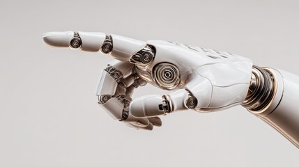 Poster - Highly Detailed Close-Up of a Futuristic Humanoid Robot Hand Pointing with Outstretched Index Finger, Showcasing Advanced Mechanical and Electronic Design