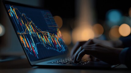 Aufkleber - Financial analysis and stock market data displayed on a modern laptop screen with colorful graphs and charts in a dark office environment