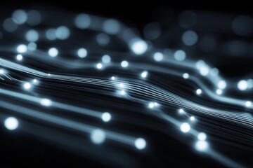 Poster - Abstract digital light waves and glowing fiber optic lines in a black background representing technology communication and data transfer