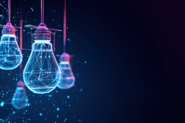 Poster - Futuristic digital art of glowing energy-efficient LED light bulbs with wireframe design hanging in dark space with glowing particles