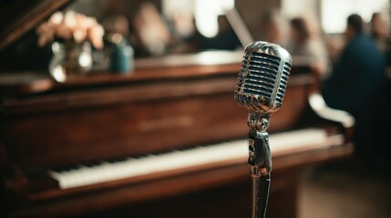 Poster - Vintage style metallic microphone with classic grill close-up in music stage or performance venue setting with blurred ence background