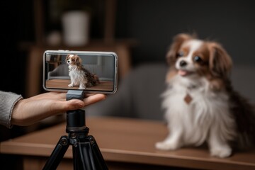 Poster - Adorable Small Dog Sitting on Table Du Indoor Photoshoot with Smartphone Camera Capture and Relaxed Home Environment