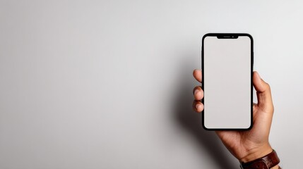 Poster - Modern smartphone with a large blank screen held by a person against plain light gray background for technology and communication concepts