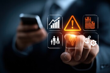 Aufkleber - Businessman in dark suit interacting with digital financial data and warning icons on virtual screen using mobile device and touch gestures