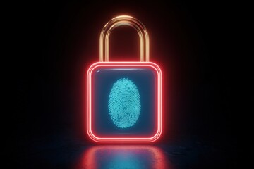 Aufkleber - Neon Lock with Blue Fingerprint Display Infrared Line Illustration Symbolizing Security and Digital Access Technology Concept