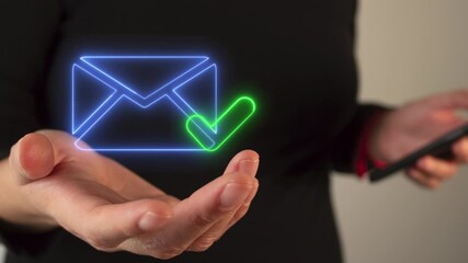 Poster - Person's hand holding a virtual icon of a mail envelope with a check mark