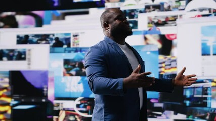 Poster - African American public speaker on stage surrounded by digital visuals, symbolizing a global conference where trends, mobile apps and AI powered content dominate modern communication. Camera B.