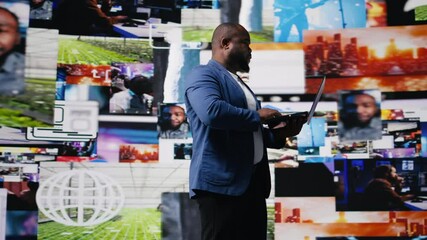 Poster - High tech black user connecting on web platforms with vibrant digital interfaces and data visualizations, showcasing mobile networking engagement. Social media web experience. Camera A.
