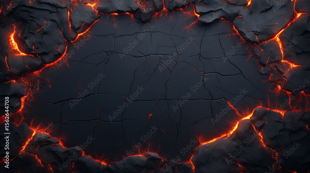 Dark mysterious background with glowing red lava cracks, charred wood ...