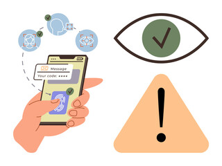 Poster - Hand using smartphone with fingerprint scanner and secure code message, icons of face ID, approval, warning triangle. Ideal for cybersecurity, authentication, protection, privacy, vigilance