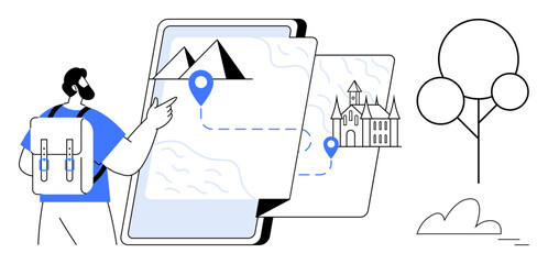 Poster - Backpacker interacts with tablet displaying mapped route between mountain and castle. Landscape elements include trees and clouds. Ideal for travel, navigation, tourism, exploration, adventure
