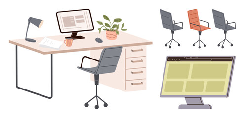Poster - Workspace featuring desk setup with desktop computer, office chair, lamp, coffee cup, plant, and webpage preview. Ideal for productivity, technology, design business office environment creative