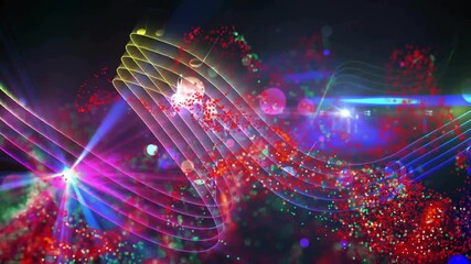 Poster - Pink beam flashing, staff undulating, particles streaming and notes appearing for music