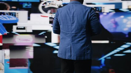 Poster - Black social network user oversees dashboards with dynamic interfaces showcasing social media and networking, highlighting the importance of online engagement and global connection. Camera A.