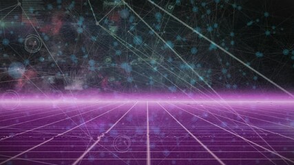 Poster - Retro grid opening toward glowing magenta horizon, nodes drifting, HUD rings showing network data