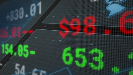 Poster - digital ticker board cycling red and green values, white –1