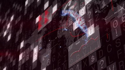 Poster - Swirling red and blue data dots initiating globe spinning revealing lands as graphs pulsing trends