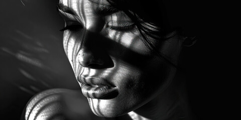 Poster - Black and White Portrait: Woman's Face with Light and Shadow