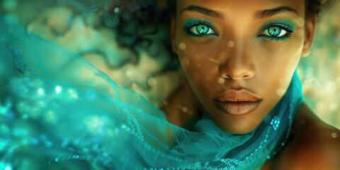 Poster - Portrait of Woman with Teal Makeup and Fabric