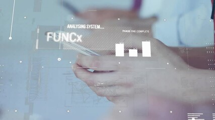 Poster - Tapping phones initiating analysis overlay while hands scrolling bars indicating system operating
