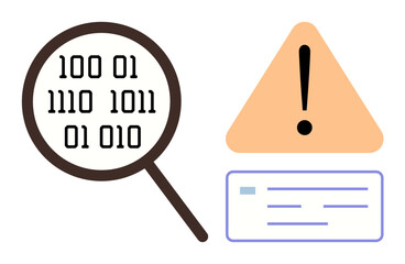 Poster - Magnifying glass inspecting binary code, next to orange warning triangle with exclamation mark and small data block. Ideal for cybersecurity, data analysis, error, caution, system alert, monitoring
