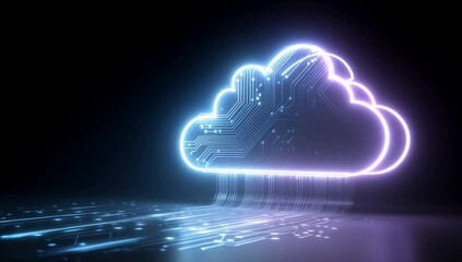 Poster - A glowing neon cloud icon with circuit lines emanating from it, set against a dark background There's also some white digital data flowing through these circuits in front of the cloud Generative AI