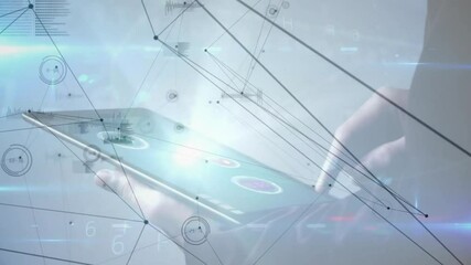 Poster - Professional hands tapping tablet screen activating pulsing UI rings visualizing global network