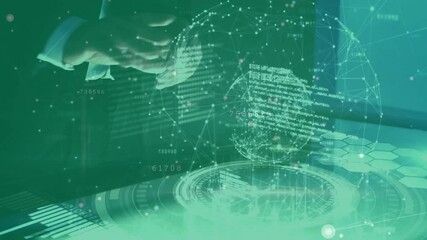 Poster - Hands hovering over tabletop display activating data panels and emerging globe visualizing network