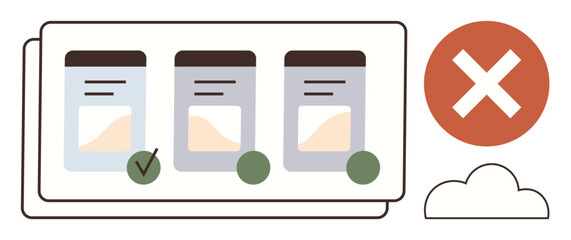 Poster - Document panels with approval and rejection marks, emphasizing decision-making. Ideal for data review, quality control, workflow, approval process, rejection, document validation, simple flat