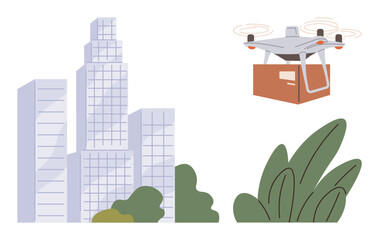 Poster - Drone carrying a package mid-air near tall glass skyscrapers and leafy plants. Ideal for technology, urban logistics, innovation, e-commerce, delivery services, modern city life, simple flat metaphor