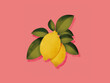 © Xènia Besora Sala/Stocksy - Two lemons hanging from branch with green leaves on pink background