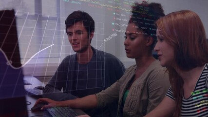 Poster - Finance team responding to translucent graph overlay and evaluating percentage metrics in workspace