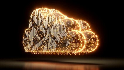 Poster - Digital, glowing cloud with circuit lines on a black background, a symbol of big data and cloud computing technology for online services or connectivity network concepts Generative AI
