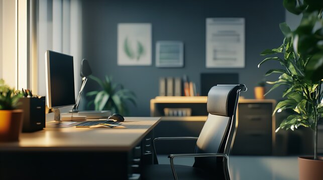 Modern office desk setup with computer chair and plants for remote work and productivity boost
