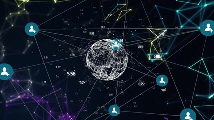 Poster - Glowing wireframe globe materializing while user-add icons orbit pulse consolidating data