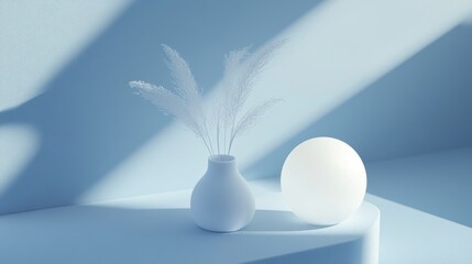 Fototapete - Light-blue scene with a vase and a sphere.