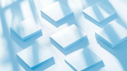 Fototapete - Stacks of light blue paper mockups with shadows.